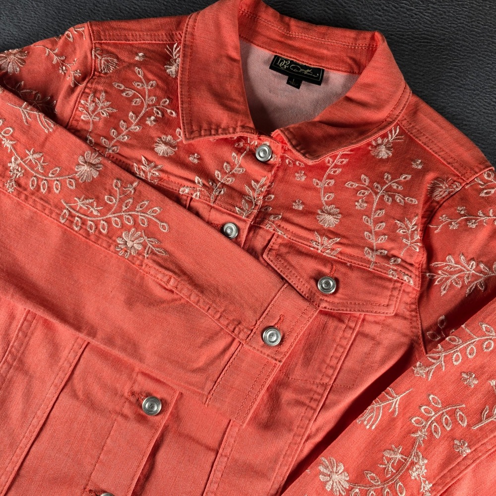 DG2 Diane Gilman Coral Orange Embroidered Floral Denim Jacket Large Stretch